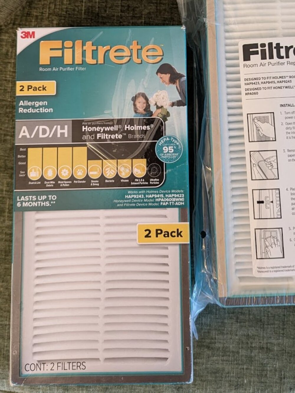 Lot of 2, 4 filters! Filtrete Allergen Reduction HEPA Air Purifier, Size A/D/H
